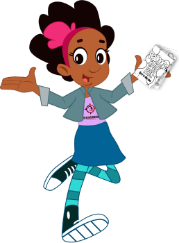 A cartoon of a girl holding a book