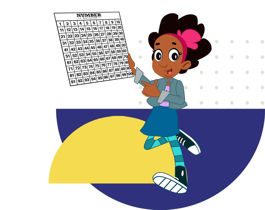A cartoon of a girl holding up a sheet of paper.