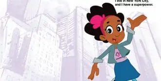 A cartoon of a girl with pink hair and blue pants.