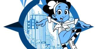 A cartoon of a girl riding on top of a skateboard.