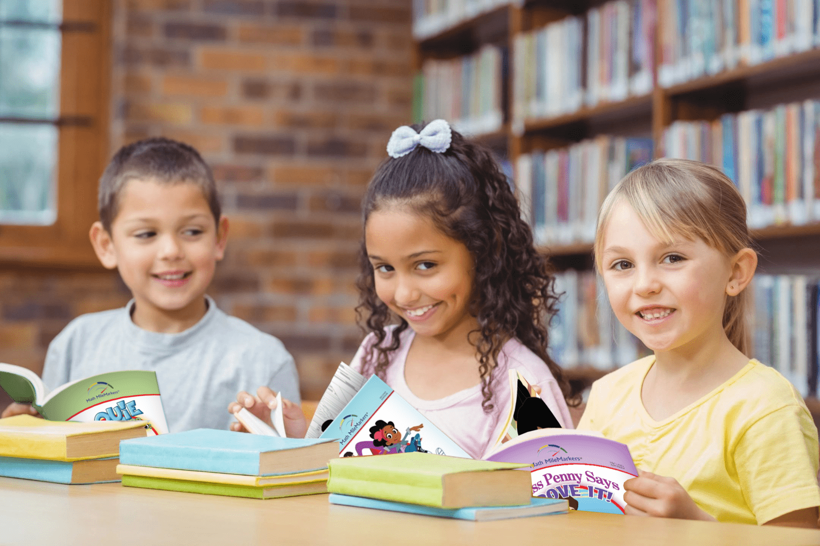 Three children sitting at a table with books.