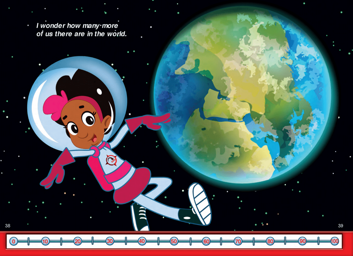 A girl in space is flying through the air.