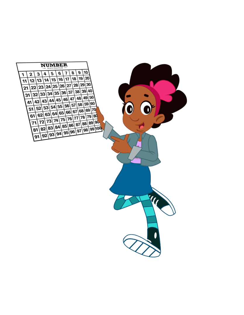 A girl holding up a paper with the numbers 1 to 9 0 on it.