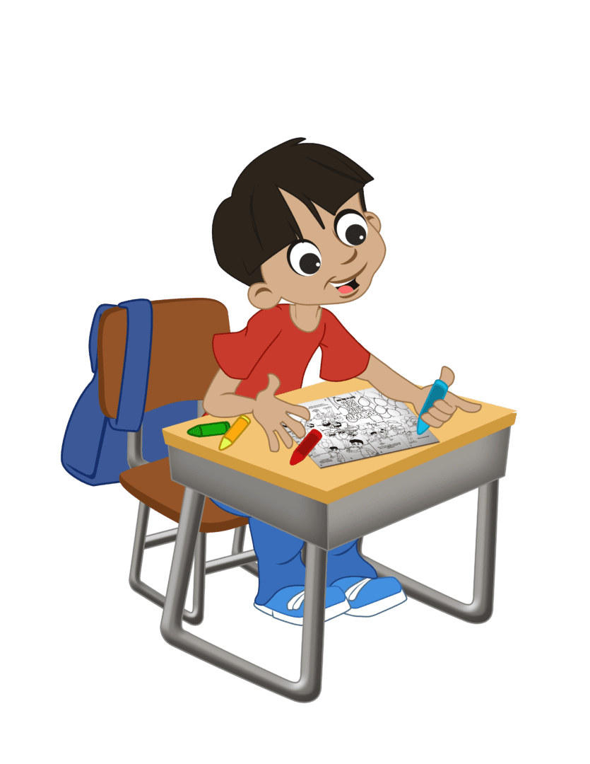 A boy sitting at his desk with papers on it.