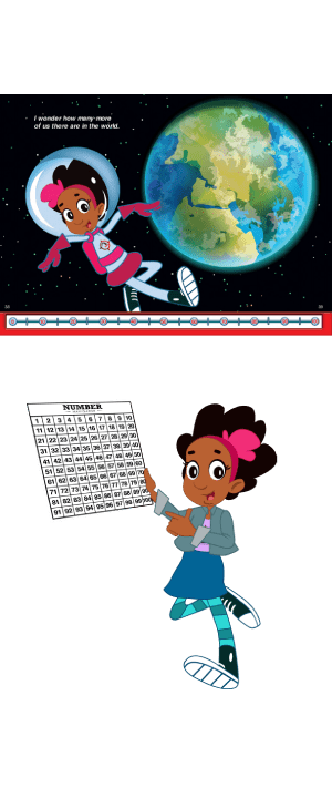 A cartoon of a girl holding a board with an image of the earth in the background.