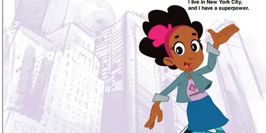 A cartoon of a girl in front of some buildings.