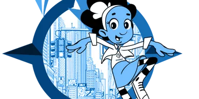 A cartoon of a person in front of a city.