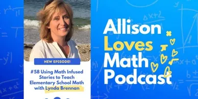 345 A woman standing next to a beach with the words allison loves math podcast.