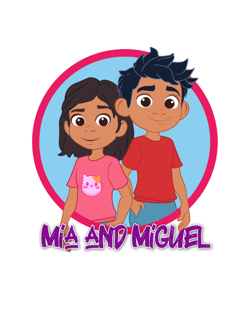 A cartoon picture of two people with the name mia and miguel.